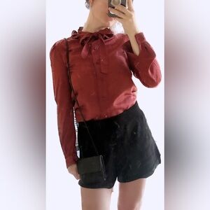 VINTAGE 1980’s NINA RICCI PARIS DESIGNER SILK TIE NECK BLOUSE LONG SLEEVE RED